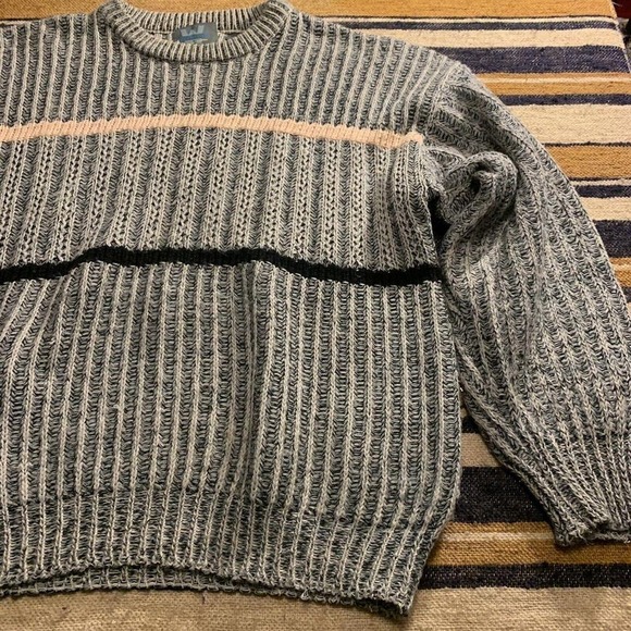 Vintage Grandpa Sweater Ribbed Oversized Gray Knit Pullover Crewneck Weekends - Picture 2 of 6